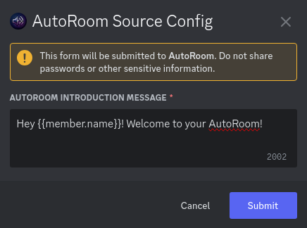 A screenshot of a Discord modal with a template